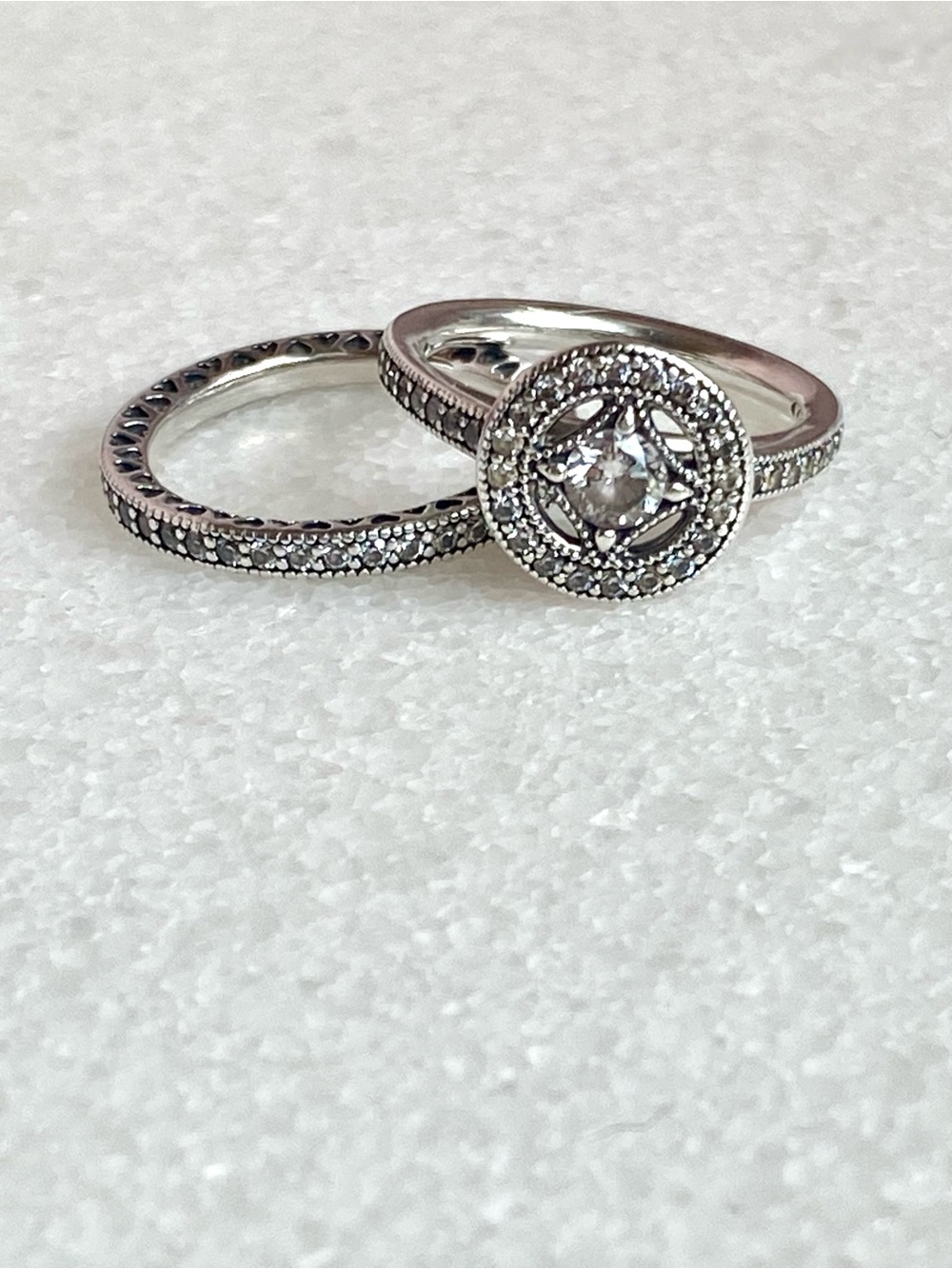 Pandora Vintage Circle Halo Ring in Silver & Matching Pave Band Size 50